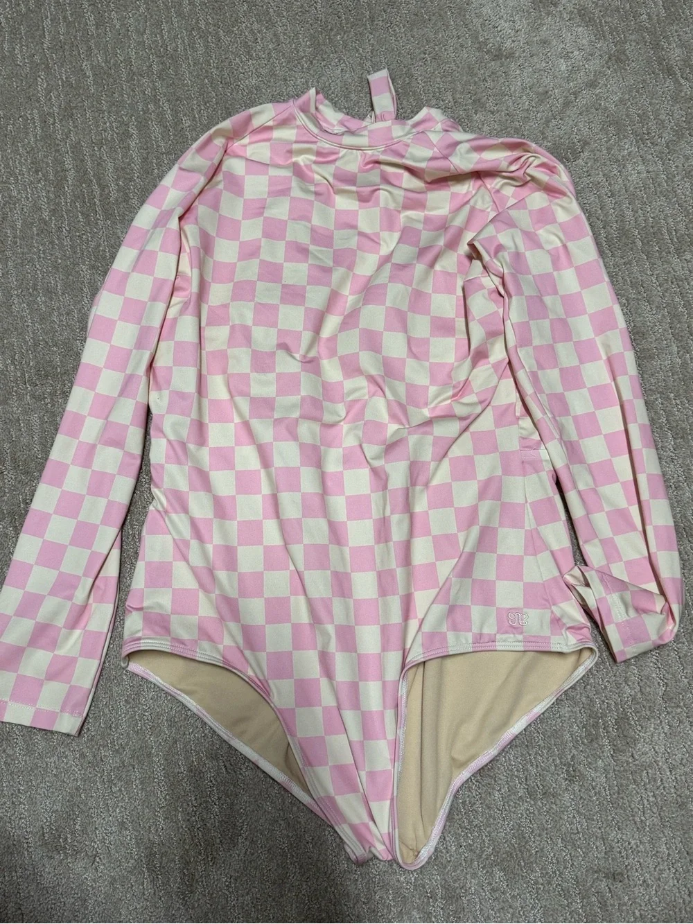 Albion Pink and Cream Checkerboard Long-Sleeve One-Piece